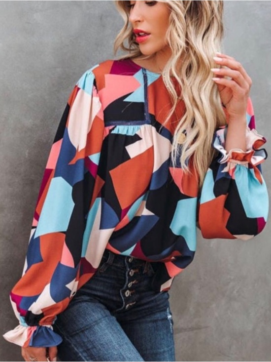 Tops - Orange Abstract Retro Multicolor Boho Chic Ruffled Puff Sleeve Blouse Size XL